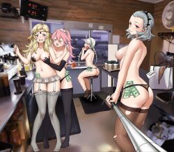 Rule 34 | 4girls, adjusting hair, banknote, bar stool, blonde hair, blush, breasts, car, cleavage, cup, disposable cup, dollar bill, elbow gloves, fire emblem, fire emblem fates, garter straps, gloves, grabbing, grabbing another&#039;s breast, grey hair, highres, igni tion, long hair, medium breasts, money, motor vehicle, multiple girls, nina (fire emblem), nintendo, ophelia (fire emblem), pink hair, restaurant, selfie stick, soleil (fire emblem), sophie (fire emblem), stool, stripper, thighhighs, topless, tucked money, underwear, underwear only, window, yuri