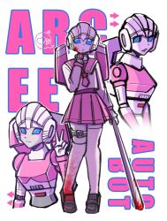 Rule 34 | !, arcee, arrow (symbol), autobot, baseball bat, black footwear, blood, blood on cheek, blood on clothes, blood on face, blood on hands, blood on leg, blood on shoes, bloody weapon, blue eyes, character name, clothed robot, hashtag-only commentary, heart, highres, holding, holding baseball bat, holding weapon, humanoid robot, joints, kneehighs, long sleeves, looking at viewer, mecha, mechanical parts, necktie, open mouth, outline, pink necktie, pink sailor collar, pink skirt, pleated skirt, robot, robot girl, robot joints, sailor collar, school uniform, shirt, shoes, skirt, socks, spoken exclamation mark, spoken heart, thigh strap, thighhighs, transformers, v, weapon, weiyinxinshen03, white background, white outline, white shirt, white socks, white thighhighs