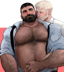 Rule 34 | 2boys, arm hair, assisted exposure, bara, bare pectorals, beard, belly, black hair, blonde hair, blush, chest hair, couple, dopey (dopq), facial hair, highres, holding hands, large pectorals, male focus, mature male, multiple boys, muscular, muscular male, mustache, navel, navel hair, necktie, unworn necktie, nipples, old, old man, open clothes, open shirt, original, pectorals, salaryman, short hair, stomach, thick eyebrows, undone necktie, undressing another, yaoi