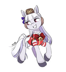 Rule 34 | 1girl, animalization, armband, blue bow, blunt bangs, bow, bowtie, collared shirt, ear bow, earmuffs, gold ship (umamusume), grey fur, headgear, long hair, my little pony, my little pony: friendship is magic, no humans, pillbox hat, red armband, red bow, red bowtie, red eyes, red shirt, shirt, smile, solo, umamusume, white hair, white tail, zzekzzek