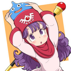 Rule 34 | 1girl, blush, commentary request, curly hair, dragon quest, dragon quest ii, dress, highres, hood, long hair, long sleeves, open mouth, princess of moonbrook, purple eyes, purple hair, slime (dragon quest), yazwo