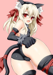 Rule 34 | 1girl, animal ear fluff, animal ears, black gloves, black thighhighs, bow, breasts, cat ears, cowboy shot, dutch angle, elbow gloves, fake animal ears, fate/kaleid liner prisma illya, fate (series), from below, fur trim, gloves, hair between eyes, hair bow, illyasviel von einzbern, leotard, long hair, looking back, looking down, open mouth, red bow, shiny skin, simple background, small breasts, solo, tail, thighhighs, toshishikisai