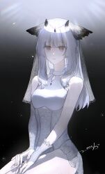 Rule 34 | 1girl, alternate costume, arknights, bare legs, black background, breasts, bridal veil, bride, chinese commentary, commentary request, cowboy shot, dress, feather hair, gloves, gradient background, grey eyes, grey hair, highres, looking at viewer, medium breasts, medium hair, monv ank, parted lips, ptilopsis (arknights), short dress, signature, simple background, sitting, sleeveless, sleeveless dress, veil, wedding dress, white dress, white gloves