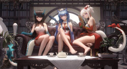 Rule 34 | 3girls, absurdres, arknights, bare legs, bare shoulders, barefoot, black hair, blue eyes, blue hair, breasts, cleavage, commentary request, couch, cup, dress, drinking glass, dusk (arknights), feet, female focus, folding fan, hand fan, highres, holding, holding cup, holding fan, horns, indoors, ling (arknights), ling dianxia, long hair, looking at viewer, medium breasts, multiple girls, nian (arknights), no shoes, parted lips, ponytail, purple eyes, red eyes, siblings, sisters, sitting, sleeveless, sleeveless dress, strapless, strapless dress, table, tail, teacup, teapot, toes, very long hair, white hair, wine glass