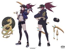 Rule 34 | 1girl, akali, asymmetrical clothes, asymmetrical legwear, baseball cap, belt, breasts, earrings, fingerless gloves, full body, gloves, hat, highres, holding, holding weapon, idol, jacket, jewelry, k/da (league of legends), k/da akali, league of legends, makeup, microphone, midriff, multiple views, nail polish, official alternate costume, official art, open clothes, open jacket, ponytail, purple hair, shoes, small breasts, sneakers, thighhighs, uneven legwear, weapon