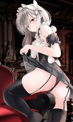 Rule 34 | 1girl, absurdres, ass, bare shoulders, black dress, black panties, black thighhighs, breasts, chair, closed mouth, clothes lift, detached sleeves, dress, dress lift, frilled dress, frills, frown, garter straps, grey hair, highres, kooemong, lifted by self, long hair, looking at viewer, looking back, maid, maid headdress, medium breasts, original, panties, red eyes, see-through, shio (shirone), solo, thighhighs, underwear, v-shaped eyebrows