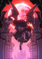 Rule 34 | 1girl, bat wings, blue hair, dress, fang, fingernails, floating, frilled dress, frills, full body, full moon, gargoyle, hat, highres, hoshiringo0902, looking at viewer, mob cap, moon, offering hand, open mouth, pointy ears, red eyes, red moon, red nails, red sky, remilia scarlet, sharp fingernails, short hair, sky, smile, solo, touhou, wings