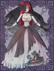 Rule 34 | 1girl, black bow, black gloves, bow, breasts, bridal veil, closed mouth, commentary request, cracked skin, dress, flower, full body, gloves, grey dress, hair bow, hair flower, hair ornament, joints, kerberos blade, long hair, looking at viewer, medium breasts, natsuya (kuttuki), purple background, red eyes, red flower, red hair, robot, robot joints, solo, strapless, strapless dress, veil, wedding dress, wire