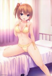Rule 34 | 1girl, :d, absurdres, barefoot, bikini, blue eyes, breasts, brown hair, cleavage, coffee-kizoku, halterneck, hand on own chest, highres, indoors, looking at viewer, medium breasts, melonbooks, navel, open mouth, scan, side-tie bikini bottom, side ponytail, smile, solo, string bikini, swimsuit, yellow bikini