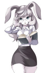 Rule 34 | 1girl, :3, adjusting eyewear, animal ears, beanpaste, black skirt, blue eyes, blush, book, breasts, collared shirt, cowboy shot, eyebrows, female focus, furry, furry female, glasses, head tilt, highres, holding, holding book, long hair, long sleeves, looking at viewer, medium breasts, open book, open mouth, original, parted lips, pencil skirt, rabbit, rabbit ears, rabbit girl, rimless eyewear, round eyewear, shirt, simple background, skirt, solo, swept bangs, teacher, thigh gap, white background, white hair, white shirt, wing collar