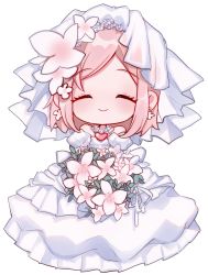 Rule 34 | 1girl, absurdres, akari (qq941315189), bouquet, bride, chibi, closed mouth, dress, earrings, estellise sidos heurassein, closed eyes, facing viewer, flower, highres, holding, holding bouquet, jewelry, necklace, pink hair, short hair, smile, solo, tales of (series), tales of vesperia, veil, wedding dress, white background, white dress