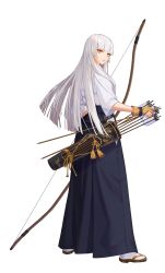 Rule 34 | 1girl, absurdres, arrow (projectile), black hakama, black survival, blunt bangs, bow (weapon), expressionless, full body, gloves, hakama, hakama skirt, highres, holding, holding arrow, holding bow (weapon), holding weapon, japanese clothes, long hair, official art, one touch, quiver, rio (black survival), sandals, skirt, sleeves past elbows, solo, standing, tabi, transparent background, weapon, white hair, yellow eyes