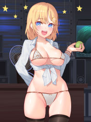 Rule 34 | 1girl, :d, arm behind back, ball, bikini, black thighhighs, blonde hair, blue eyes, breasts, covered erect nipples, female focus, hair ornament, highres, holding, holding ball, holding racket, hololive, hololive english, indoors, large breasts, long sleeves, looking at viewer, open mouth, racket, shirt, short hair, smile, solo, swimsuit, teeth, tennis ball, tennis racket, thighhighs, tied shirt, upper teeth only, virtual youtuber, waterring, watson amelia, white bikini, white shirt
