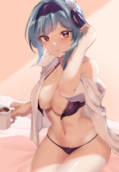 Rule 34 | 1girl, absurdres, areola slip, bare shoulders, blue hair, blush, bra, breasts, commentary, cowboy shot, cup, eula (genshin impact), genshin impact, hair ornament, hair ribbon, hairband, haneramu, highres, holding, holding cup, indoors, large breasts, looking at viewer, mug, navel, off shoulder, open clothes, open shirt, panties, parted lips, purple bra, purple hairband, purple panties, purple ribbon, revision, ribbon, shirt, short hair, sitting, solo, stomach, sweat, thighs, underwear, white shirt, yellow eyes