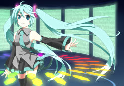 Rule 34 | 1girl, aisora, bad id, bad pixiv id, detached sleeves, green eyes, green hair, hatsune miku, long hair, matching hair/eyes, necktie, solo, thighhighs, twintails, very long hair, vocaloid