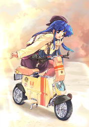 Rule 34 | 1girl, blue hair, hat, long hair, lowres, motor vehicle, scooter, smile, solo, thighhighs, vehicle, zettai ryouiki