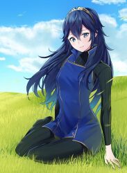 Rule 34 | 1girl, ameno (a meno0), black sweater, blue eyes, blue hair, blue sky, blush, closed mouth, cloud, day, fire emblem, fire emblem awakening, grass, hair between eyes, head tilt, long hair, long sleeves, looking at viewer, lucina (fire emblem), nintendo, no shoes, outdoors, ribbed sweater, sitting, sky, smile, solo, sweater, tiara, turtleneck, turtleneck sweater