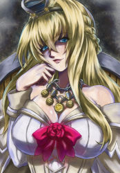 Rule 34 | 10s, 1girl, bare shoulders, blonde hair, blue eyes, braid, breasts, cleavage, crown, dress, flower, french braid, gekoge satoru, hairband, jewelry, kantai collection, large breasts, long hair, long sleeves, looking at viewer, mini crown, necklace, off-shoulder dress, off shoulder, parted lips, red ribbon, red rose, ribbon, rose, shaded face, smile, solo, upper body, warspite (kancolle), white dress