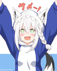 Rule 34 | + +, 1girl, :d, absurdres, ahoge, animal costume, animal ear fluff, animal ears, arms up, blue eyes, blush, braid, breasts, commentary, cosplay, felutiahime, fox ears, fox girl, fox tail, hair between eyes, highres, hololive, hood, kigurumi, looking at viewer, medium hair, open mouth, shark costume, shirakami fubuki, silver hair, single braid, small breasts, smile, solo, sparkling eyes, standing, tail, twitter username, upper body, v-shaped eyebrows, virtual youtuber