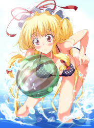Rule 34 | 1girl, ball, bent over, bikini, blonde hair, blue sky, blurry, blush, bow, breasts, cloud, day, depth of field, embarrassed, eyebrows, female focus, gradient background, hair bow, hair up, hand on own hip, hat, hat ribbon, highres, hip focus, holding, holding ball, large breasts, lens flare, light particles, light rays, long hair, mob cap, nanase nanami, ocean, partially submerged, polka dot, polka dot bikini, polka dot swimsuit, purple eyes, ribbon, sky, solo, sparkle, splashing, standing, summer, sunlight, swimsuit, thighs, touhou, transparent, very long hair, water, yakumo yukari