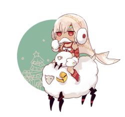 Rule 34 | 1girl, altera (fate), altera the santa (fate), bad id, bad pixiv id, bare shoulders, blush, bow, chibi, choker, christmas tree, detached sleeves, earmuffs, fake facial hair, fake mustache, fate/grand order, fate (series), gift, katagiri (mighty swing), lowres, mittens, red eyes, red footwear, riding, sheep, short hair, star (symbol), veil, white bow, white hair