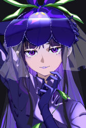Rule 34 | 1girl, absurdres, black background, black hair, china dress, chinese clothes, dress, flower, gloves, highres, long hair, looking at viewer, mizoreshi, open mouth, purple dress, purple eyes, purple flower, purple gloves, sidelocks, simple background, smile, solo, straight-on, touhou, unfinished dream of all living ghost, upper body, vine print, yomotsu hisami