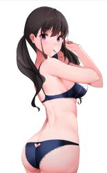 Rule 34 | 1girl, ass, ass cutout, black hair, blue bra, blue panties, blush, bra, breasts, butt crack, clothing cutout, hair tie in mouth, heart cutout, highres, inoue takina, long hair, looking at viewer, lycoris recoil, medium breasts, mouth hold, panties, purple eyes, sezok, sideboob, small breasts, solo, surprised, twintails, twisted torso, tying hair, underwear, underwear only, white background