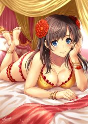 Rule 34 | 1girl, anklet, ass, bangle, bare shoulders, barefoot, blue eyes, blush, bracelet, breasts, brown hair, cleavage, closed mouth, collarbone, commentary request, crossed ankles, curtains, dancer, earrings, fate/grand order, fate (series), feet, flower, hair flower, hair ornament, hand on own cheek, hand on own face, highres, hoop earrings, indoors, jewelry, large breasts, light particles, long hair, looking at viewer, lying, mata hari (fate), nail polish, on bed, on stomach, red nails, sakiyamama, sidelocks, signature, smile, soles, solo, sparkle, the pose, thighs, toes