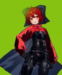Rule 34 | 1girl, absurdres, adapted costume, akatsuki records, belt, black belt, black bodysuit, black bow, black gloves, blush, bodysuit, bow, breasts, cape, commeowdore, covered navel, gloves, green background, grey cape, hair between eyes, hair bow, hand on own hip, highres, large breasts, latex, latex bodysuit, latex gloves, latex suit, long sleeves, looking to the side, medium breasts, open mouth, puffy long sleeves, puffy sleeves, red cape, red eyes, red hair, rock &#039;n&#039; rock &#039;n&#039; beat, sekibanki, short hair, simple background, solo, standing, touhou, triangle, two-tone cape, zipper
