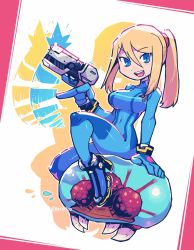Rule 34 | 1girl, :d, blonde hair, blue bodysuit, blue eyes, bodysuit, breasts, commentary, covered navel, drop shadow, english commentary, flying sweatdrops, gun, hair between eyes, high heels, highres, holding, holding gun, holding weapon, large breasts, long hair, looking at viewer, metroid, metroid (creature), mixed-language commentary, mole, mole under mouth, navel, nintendo, open mouth, ponytail, rariatto (ganguri), redrawn, samus aran, smile, solo, teeth, trigger discipline, twitter username, upper teeth only, weapon, wristband, zero suit