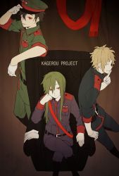 Rule 34 | 1girl, 2boys, black hair, blonde hair, collared jacket, couch, finger to mouth, from above, gloves, green skirt, hand on headwear, hand on own cheek, hand on own face, jacket, kagerou project, kano shuuya, kido tsubomi, long hair, military, military jacket, military uniform, multiple boys, nekome3, pants, pants tucked in, red eyes, red scarf, scarf, seto kousuke, shushing, siblings, skirt, sleeves rolled up, smile, smirk, uniform, unworn gloves, unworn scarf