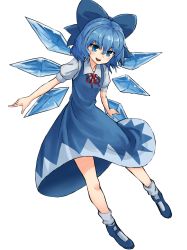 Rule 34 | 1girl, :d, absurdres, bad id, bad pixiv id, blue bow, blue dress, blue eyes, blue footwear, blue hair, blue theme, blue wings, blush, bow, cirno, detached wings, dress, fairy, full body, hair between eyes, hair bow, highres, ice, ice wings, looking at viewer, mary janes, nob1109, open mouth, puffy short sleeves, puffy sleeves, red ribbon, ribbon, shoes, short hair, short sleeves, simple background, smile, socks, solo, teeth, touhou, white background, white socks, wings