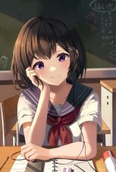 Rule 34 | 1girl, absurdres, arm support, blue sailor collar, blush, brown hair, chair, chalkboard, classroom, closed mouth, desk, earbuds, earphones, hair ornament, hairclip, hand up, head rest, highres, indoors, kimae, looking at viewer, neckerchief, notebook, original, phone, purple eyes, red neckerchief, sailor collar, school uniform, serafuku, shirt, short hair, short sleeves, sitting, solo, white shirt
