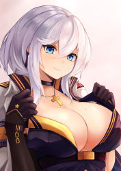 Rule 34 | 1girl, azur lane, black gloves, blue eyes, blush, breasts, choker, cleavage, clothes tug, collarbone, cross, cross necklace, earrings, gloves, hair between eyes, highres, jacket, jewelry, large breasts, looking at viewer, mole, mole on breast, necklace, ryara, short hair, silver hair, smirk, solo, upper body, washington (azur lane)