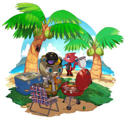 Rule 34 | 2boys, animal crossing, backwards hat, baseball cap, beach, beetle, black footwear, black headwear, black jacket, blue eyes, blue sky, boots, bug, butterfly net, c.j. (animal crossing), can, chair, cloud, coconut, coconut tree, commentary request, cooler, day, drawstring, drink can, drinking, eyewear on head, flick (animal crossing), folding chair, food, freckles, furry, furry male, grass, grey shirt, grill, hand net, hat, holding, holding butterfly net, holding can, holding tongs, hood, hood down, hoodie, horns, insect, jacket, kebab, male focus, mikami, mountainous horizon, multiple boys, nintendo, open clothes, open jacket, open mouth, open vest, orange shorts, palm tree, pants, purple eyes, red pants, sand, shirt, short sleeves, shorts, simple background, skewer, sky, sleeveless, sleeveless jacket, smoke, soda, soda can, spikes, standing, sunglasses, tongs, tree, vest, water, white background, white hoodie, yellow vest