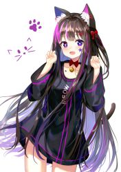 Rule 34 | 1girl, :d, animal ear fluff, animal ears, bell, black dress, blush, bow, breasts, brown hair, cat ears, cat girl, cat tail, commentary, dress, facial mark, fang, hair bow, hands up, heterochromia, highres, jingle bell, long hair, long sleeves, looking at viewer, multicolored hair, one side up, open mouth, original, paw pose, pink hair, purple eyes, red bow, seero, simple background, small breasts, smile, solo, star (symbol), streaked hair, tail, very long hair, white background, wide sleeves