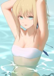 Rule 34 | 1girl, armpits, arms up, artoria pendragon (fate), bikini, blonde hair, blue ribbon, breasts, cleavage, collarbone, fate/stay night, fate (series), green eyes, hair ribbon, highres, long hair, parted lips, partially submerged, pisu, ribbon, saber (fate), sidelocks, small breasts, solo, strapless, strapless bikini, swimsuit, upper body, water, white bikini