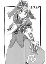 Rule 34 | 1girl, arm ribbon, boots, border, bow, cross-laced footwear, dated, dress, female focus, frills, front ponytail, hair bow, hair ornament, hair ribbon, hand on own chest, kagiyama hina, lace-up boots, long hair, looking at viewer, monochrome, ribbon, short sleeves, solo, takuzui, touhou