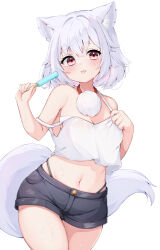 Rule 34 | 1girl, alternate costume, animal ear fluff, animal ears, bare shoulders, black shorts, blush, breasts, commentary request, cowboy shot, crop top, food, hair intakes, highleg, highleg panties, holding, holding food, holding popsicle, inubashiri momiji, looking at viewer, medium bangs, medium breasts, medium hair, navel, panties, pom pom (clothes), popsicle, red eyes, rururiaru, short shorts, shorts, simple background, solo, strap slip, tail, tank top, tongue, tongue out, touhou, underwear, white background, white hair, white tank top, wolf ears, wolf girl, wolf tail