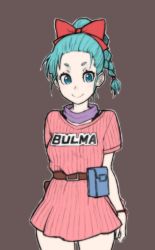 Rule 34 | 1girl, belt, belt pouch, black background, blush, braid, breasts, bulma, dragon ball, dress, female focus, green eyes, green hair, hair ornament, hair ribbon, high ponytail, highres, long hair, looking at viewer, ponytail, pouch, ribbon, scarf, short dress, short sleeves, simple background, single braid, smile, solo, standing, wabaki, watch, wristwatch