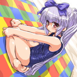 Rule 34 | 1girl, 3.1-tan, :3, bad id, bad pixiv id, barefoot, blush, bow, dd (ijigendd), face, feet, kneeling, long hair, one-piece swimsuit, os-tan, purple hair, red eyes, ribbon, school swimsuit, shiny clothes, sitting, sketch, skindentation, smile, solo, swimsuit, wariza