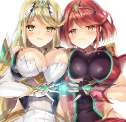 Rule 34 | 2girls, armor, bare shoulders, blonde hair, blush, breasts, breasts squeezed together, cleavage, commentary request, crystal, earrings, fingerless gloves, glint, gloves, inoue takuya (tactactak), jewelry, large breasts, long hair, looking at viewer, multiple girls, mythra (xenoblade), nintendo, parted lips, pyra (xenoblade), red eyes, red hair, seductive smile, short hair, shoulder pads, sidelocks, smile, tiara, upper body, white background, xenoblade chronicles (series), xenoblade chronicles 2, yellow eyes