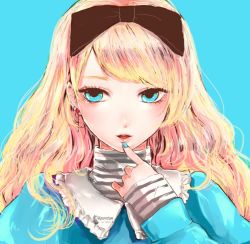 Rule 34 | 1girl, artist name, black bow, blonde hair, blue background, blue nails, blue shirt, bow, commentary request, ear piercing, earrings, eyelashes, finger to mouth, fingernails, hair bow, hand up, highres, index finger raised, jewelry, long fingernails, long hair, nail polish, nyarotyn, open mouth, original, piercing, pink lips, shirt, simple background, sleeves past wrists, solo, striped clothes, striped shirt, swept bangs, turtleneck, upper body