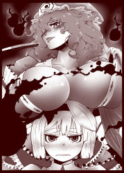 Rule 34 | 2girls, annoyed, big hair, blush, bob cut, breast rest, breasts, breasts on head, cleavage, curly hair, eyebrows, hand fan, female focus, folding fan, frown, hair over one eye, hat, huge breasts, kage houshi, konpaku youmu, looking at viewer, monochrome, multiple girls, no bra, open clothes, open shirt, parted lips, ribbon, saigyouji yuyuko, saliva, saliva trail, shirt, skindentation, spirit, tongue, tongue out, touhou, triangular headpiece