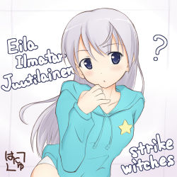 Rule 34 | 00s, 1girl, ?, blue eyes, blush, eila ilmatar juutilainen, english text, female focus, hand to own mouth, hanyu, hood, hoodie, long hair, no pants, official alternate costume, panties, purple hair, signature, silver hair, solo, star (symbol), strike witches, underwear, world witches series