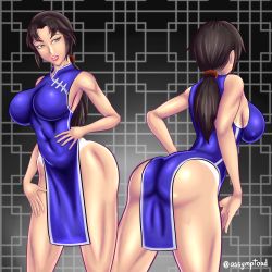 Rule 34 | 1girl, absurdres, ass, ass focus, ass peek, assymptoad, blue dress, breasts, brown hair, china dress, chinese clothes, dress, highres, hong xiu ying, large breasts, multiple views, ponytail, sega, shenmue, shenmue ii, sideboob, sleeveless, tan, tanline, wide hips