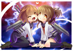 Rule 34 | 10s, 2girls, :o, ;d, blush, brown hair, cannon, cheek-to-cheek, fang, folded ponytail, hair up, heads together, heart, ikazuchi (kancolle), inazuma (kancolle), kantai collection, loafers, long hair, looking at viewer, multiple girls, neckerchief, one eye closed, open mouth, orange eyes, pantyhose, red neckerchief, school uniform, serafuku, shipii (jigglypuff), shoes, short hair, sitting, skirt, smile, wariza, wink