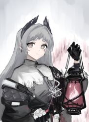 Rule 34 | 1girl, :|, arknights, arm at side, bird girl, black gloves, black jacket, capelet, closed mouth, earrings, expressionless, fire, gloves, grape (grayp), grey eyes, grey hair, grey shirt, hand up, head wings, highres, holding, holding lantern, irene (arknights), jacket, jewelry, lantern, long hair, long sleeves, looking at viewer, off shoulder, scar, scar across eye, shirt, simple background, solo, straight hair, upper body, white background, white capelet, wings
