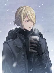 Rule 34 | 1boy, alternate costume, black gloves, black jacket, black sweater, blonde hair, buttons, coffee cup, commentary request, contemporary, creatures (company), cup, disposable cup, game freak, gloves, grey eyes, hair over one eye, highres, holding, holding cup, jacket, long sleeves, looking to the side, male focus, nintendo, open clothes, open jacket, outdoors, parted lips, pokemon, pokemon legends: arceus, punico (punico poke), snowing, sweater, turtleneck, turtleneck sweater, twitter username, volo (pokemon), watermark
