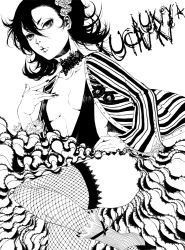 Rule 34 | 1girl, alternate costume, ass, bleach, breasts, character name, choker, cleavage, closed mouth, collarbone, eyelashes, fishnet legwear, fishnets, flower, greyscale, hair between eyes, hair flower, hair ornament, hand on own hip, high heels, kuchiki rukia, long skirt, long sleeves, looking at viewer, monochrome, rose, serious, shirt, simple background, skirt, skull, small breasts, solo, striped clothes, striped shirt, white background, yangyieva